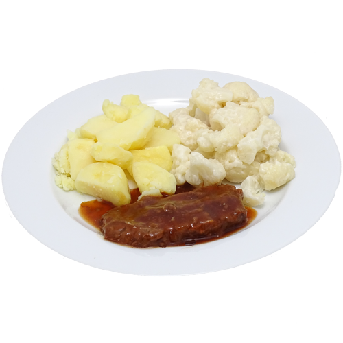 Sucadelap (r) Vleesjus Bloemkool met saus  Aardappelen gekookt